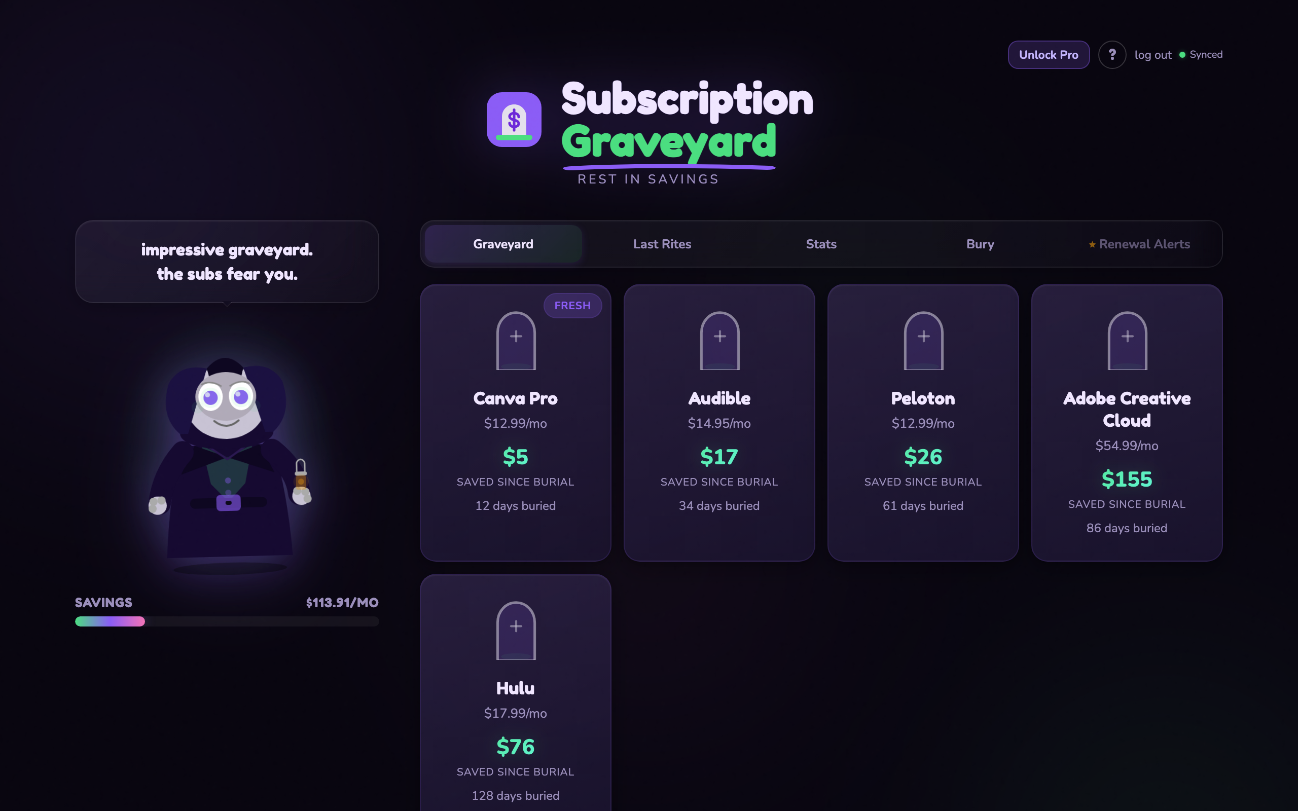 The Subscription Graveyard app showing the Crypt Keeper character with a monthly savings bar, and a graveyard of tombstones for cancelled subscriptions